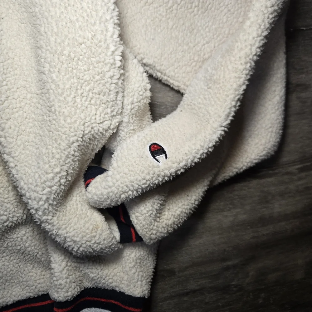 Champion Fleece Sherpa Bomber Embroidered Jacket White And Navy Size xl